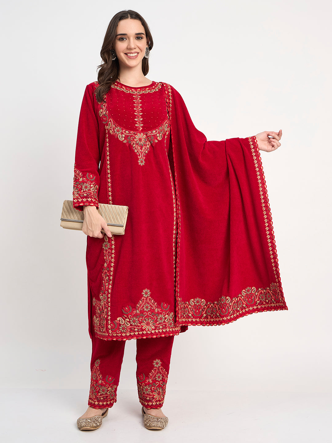 Ruby Red Embroidered Kurti Pant Shawl Set