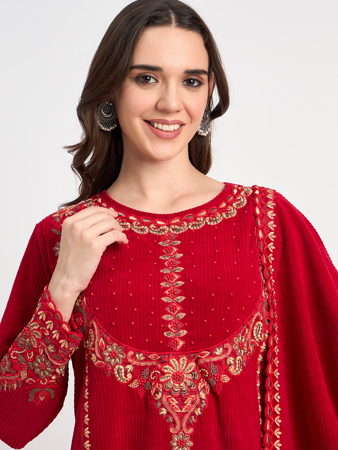 Ruby Red Embroidered Kurti Pant Shawl Set