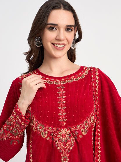 Ruby Red Embroidered Kurti Pant Shawl Set