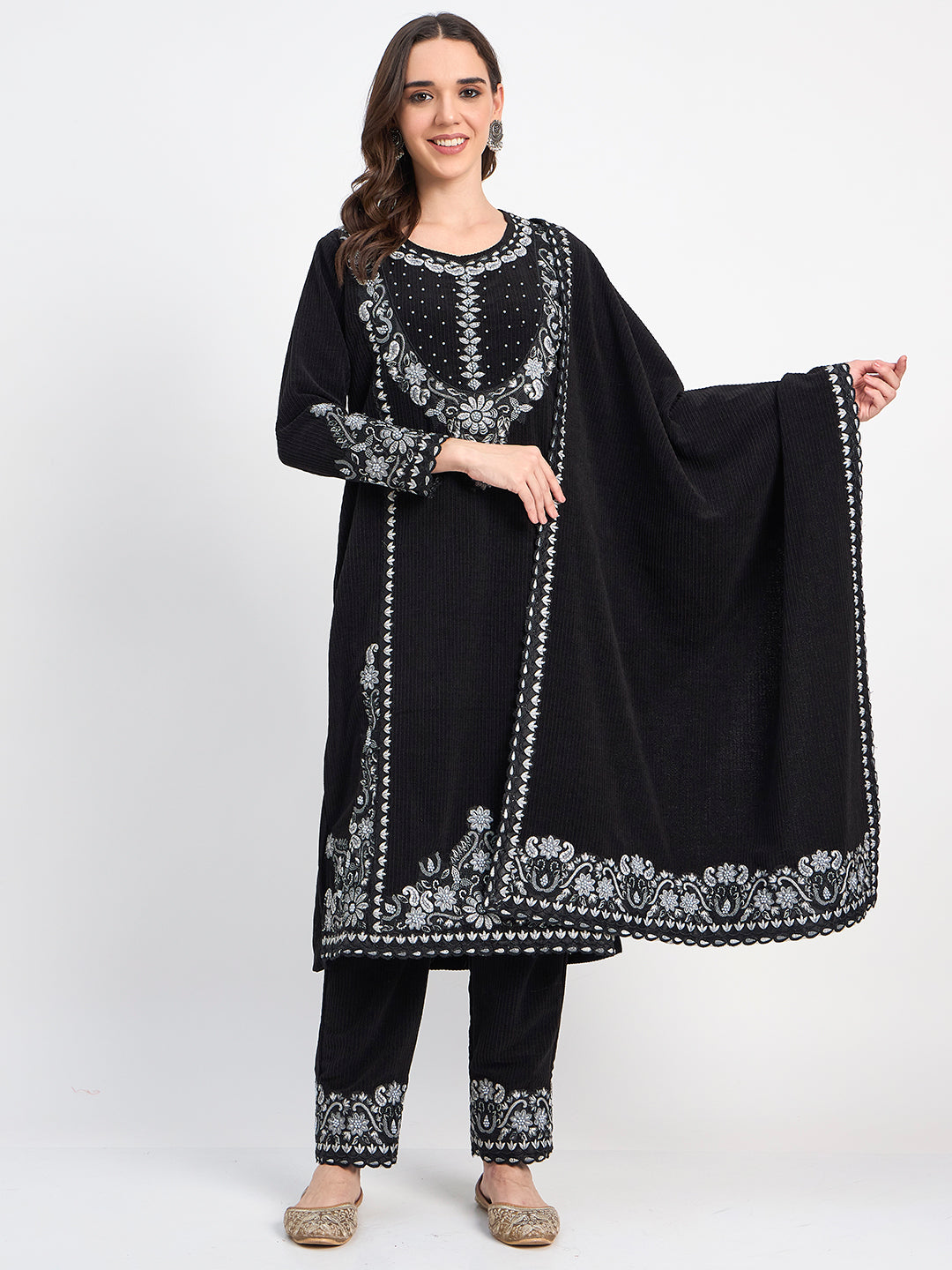 Elegant Black Winter Embroidered Suit