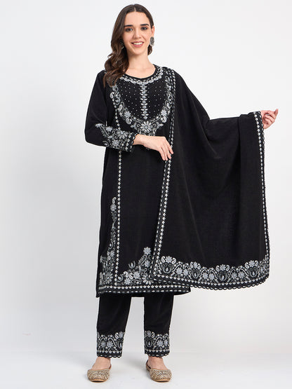 Elegant Black Winter Embroidered Suit