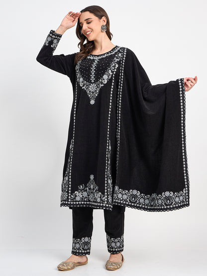 Elegant Black Winter Embroidered Suit