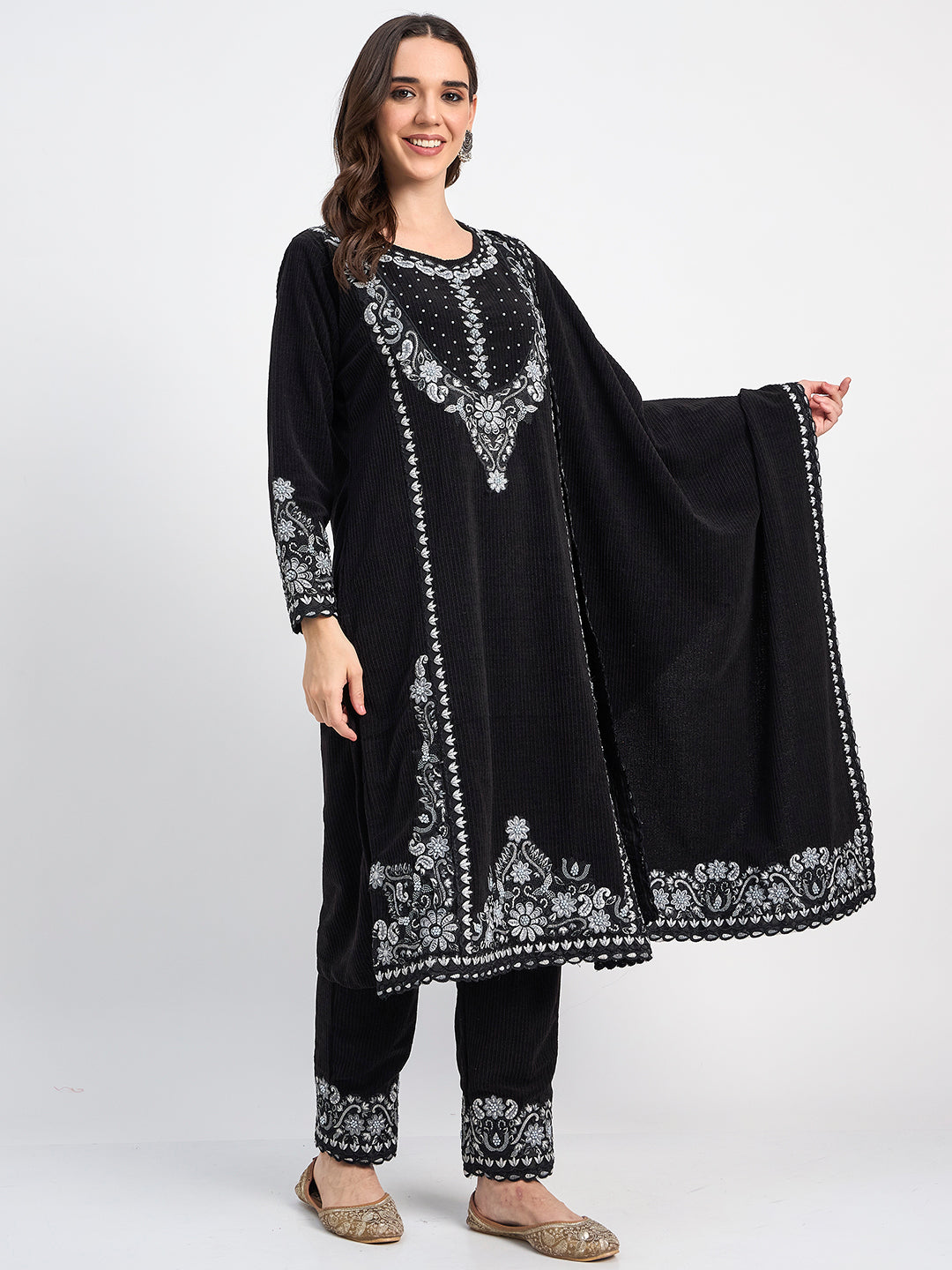 Elegant Black Winter Embroidered Suit