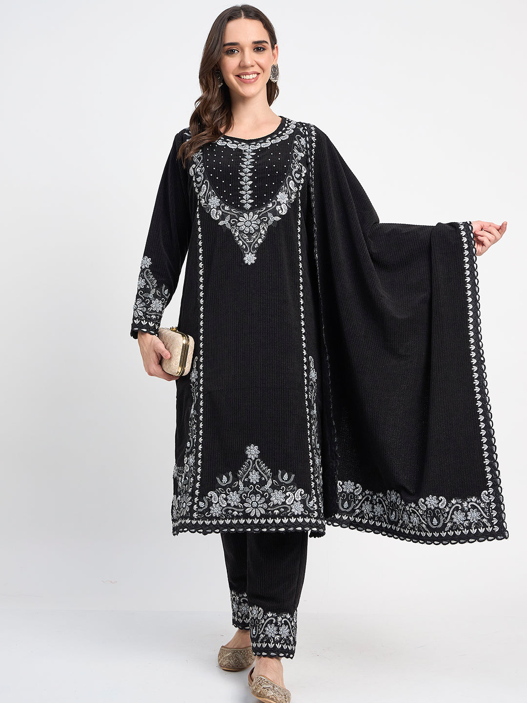 Elegant Black Winter Embroidered Suit