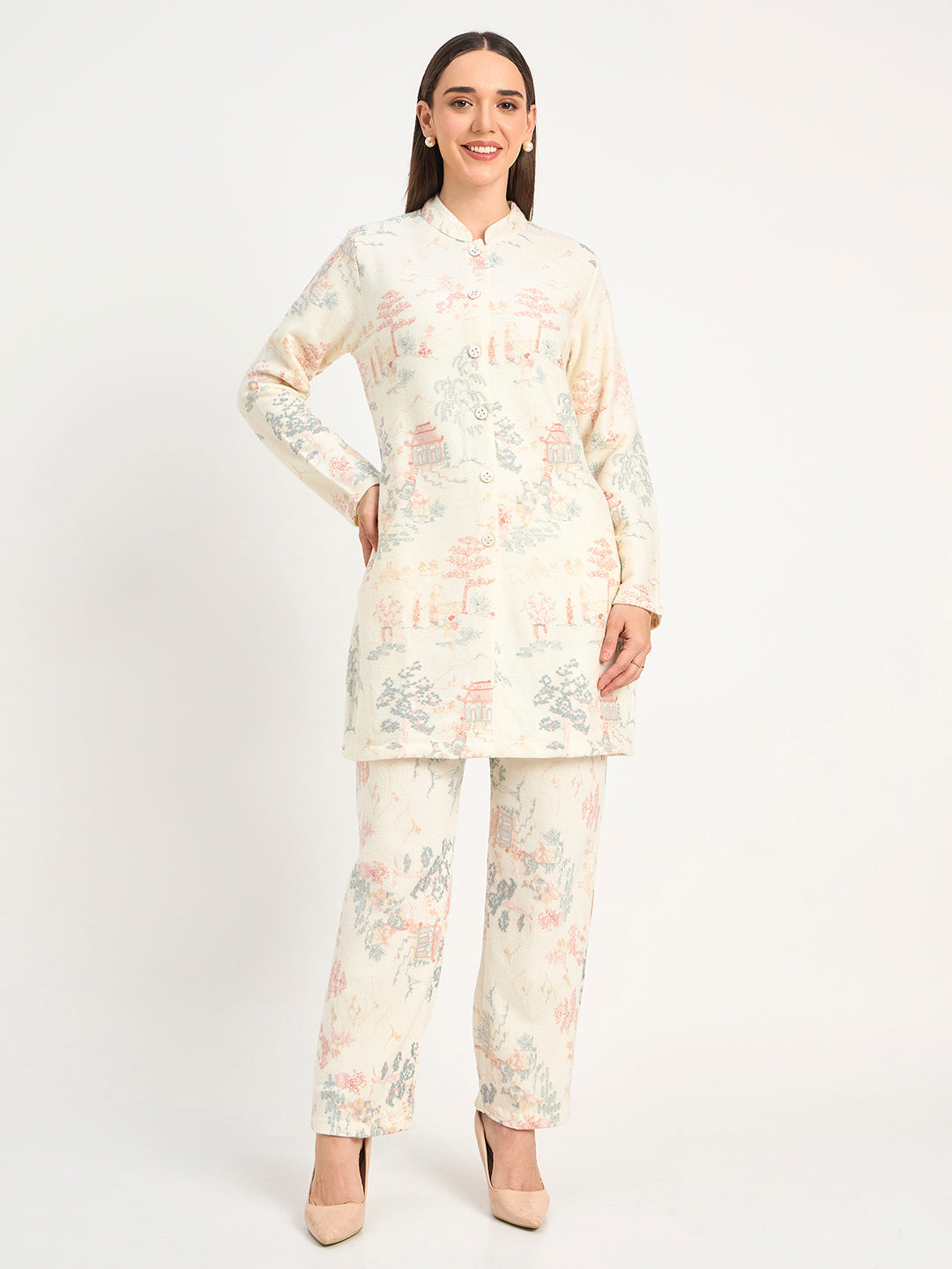 Cream Pastel Scenic Print Winter Wool Co-ord Set