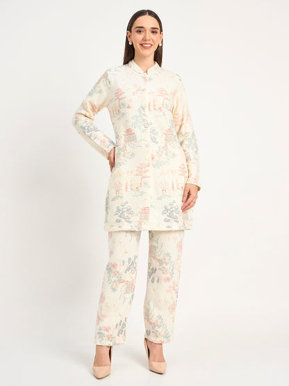 Cream Pastel Scenic Print Winter Wool Co-ord Set