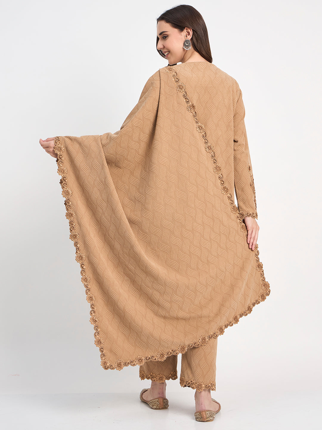 Elegant Beige Winter Kurti Pant Shawl Set