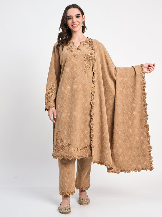 Elegant Beige Winter Kurti Pant Shawl Set