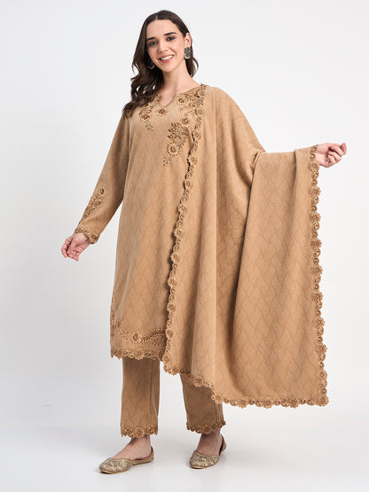 Elegant Beige Winter Kurti Pant Shawl Set
