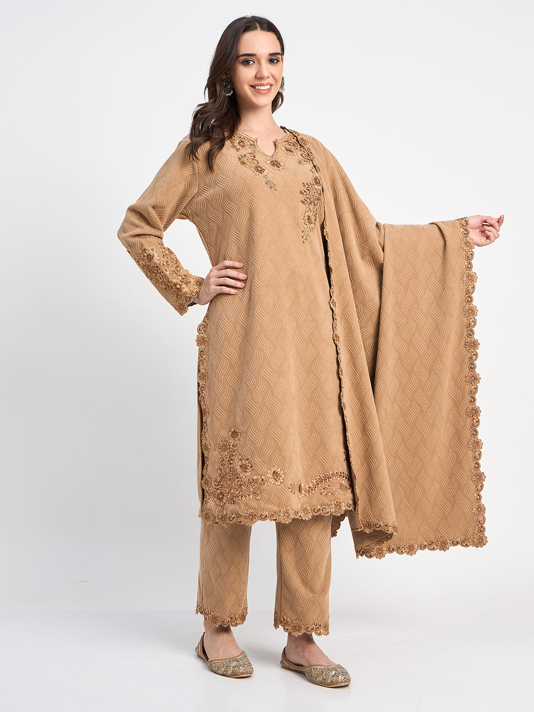 Elegant Beige Winter Kurti Pant Shawl Set