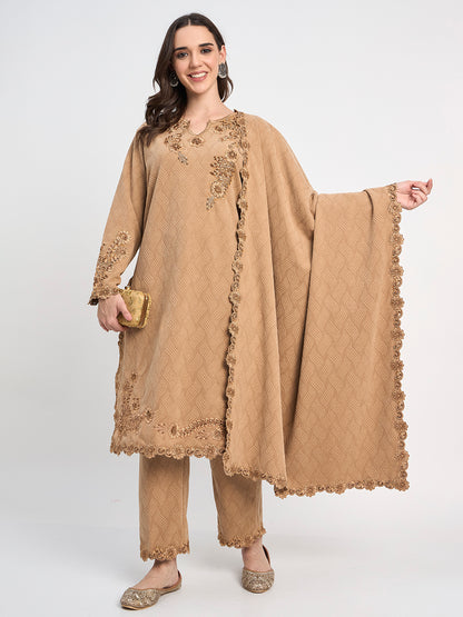 Elegant Beige Winter Kurti Pant Shawl Set