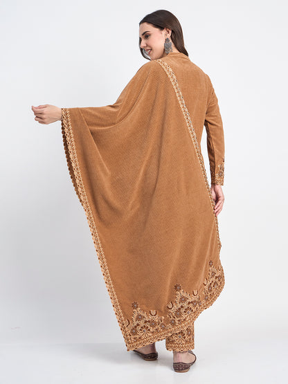 Brown Winter Kurti Pant Shawl Embroidered Set