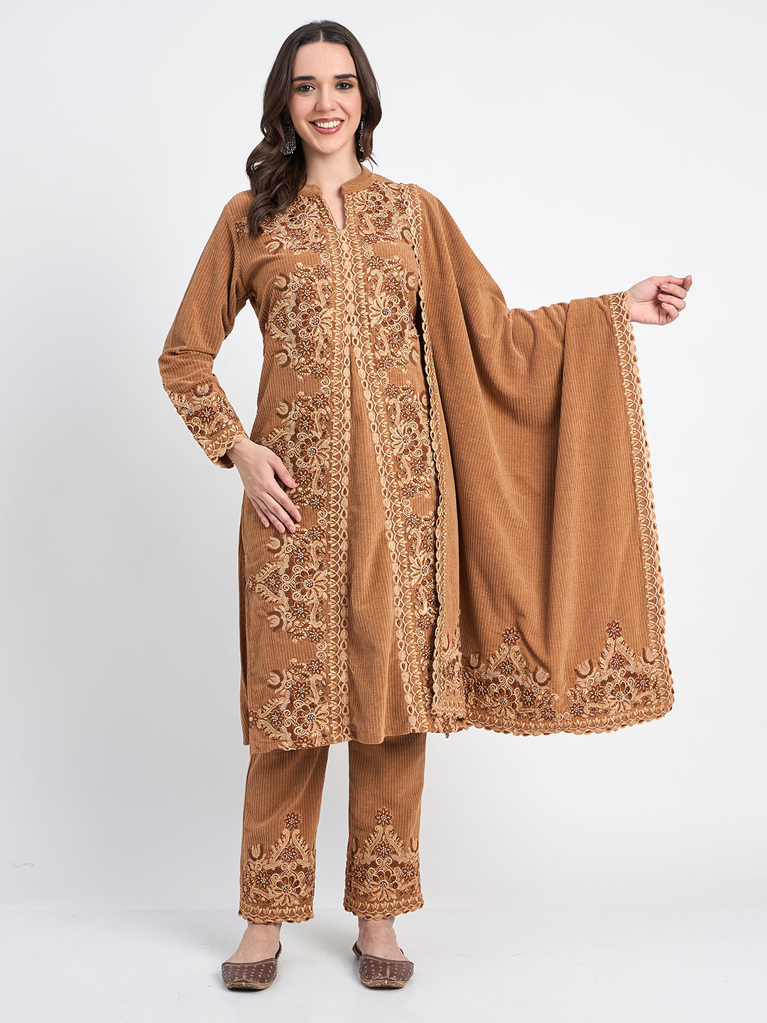 Brown Winter Kurti Pant Shawl Embroidered Set