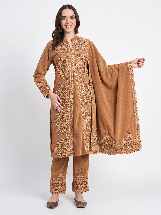 Brown Winter Kurti Pant Shawl Embroidered Set