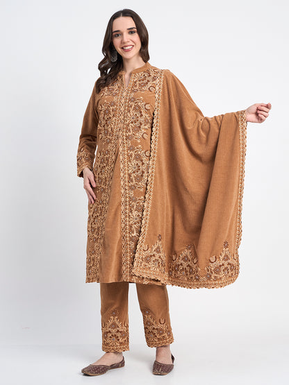 Brown Winter Kurti Pant Shawl Embroidered Set