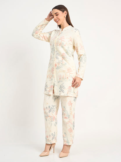 Cream Pastel Scenic Print Winter Wool Co-ord Set